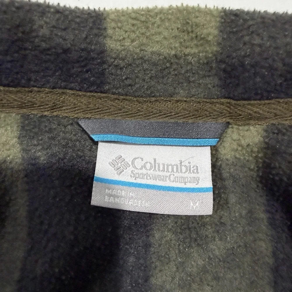 Columbia Mens Medium Green Plaid Full Zip Fleece Jacket Nylon Yoke Pocket XM0859
